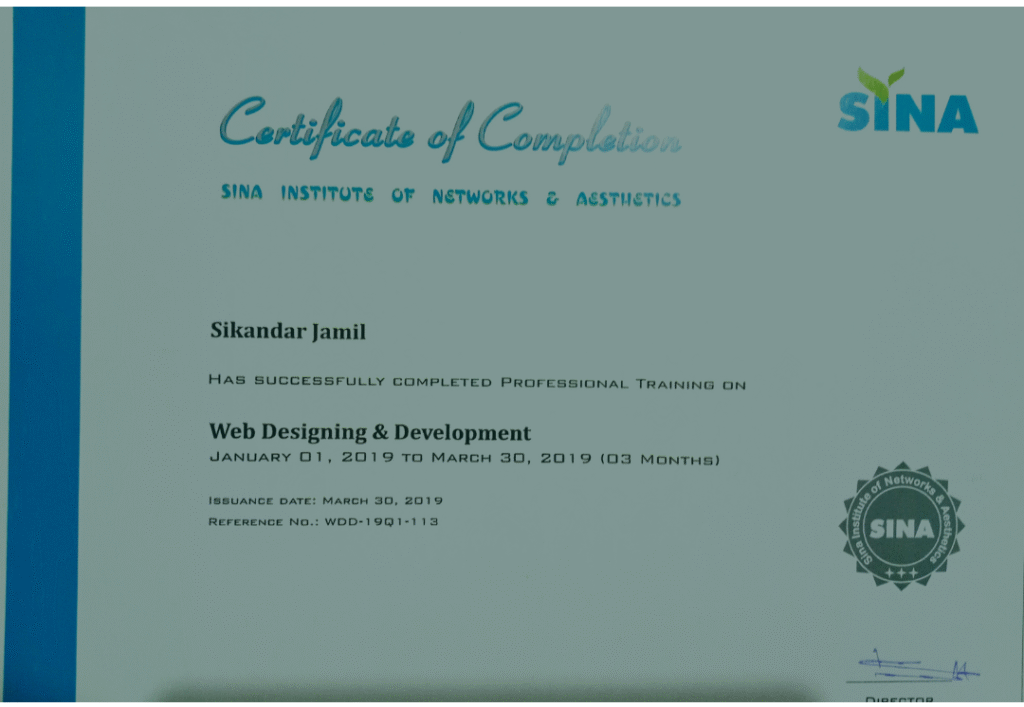 Web Development & Designing Sikandar Jamil Certification